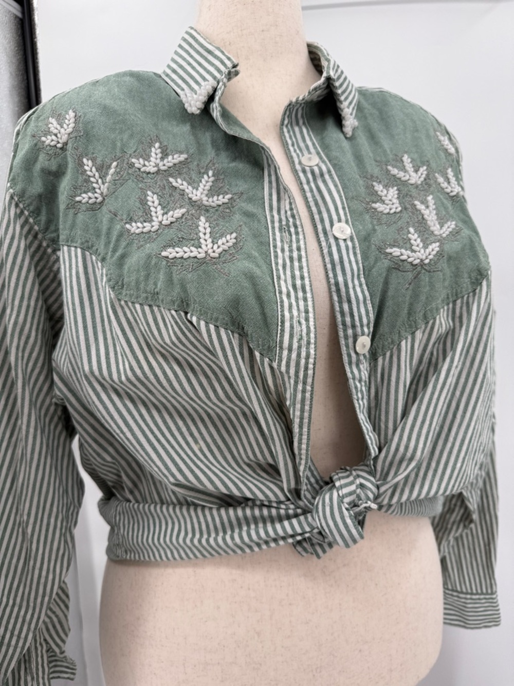 Jane Ashley Green Striped Embroidered Button Down 100% Cotton Size 2X Artsy